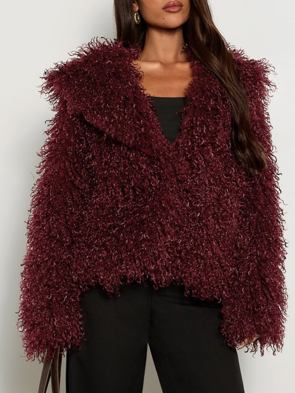 Burgundy Women's Loose Fuzzy Asymmetrical V Neck Single Breasted Short Fur Coat